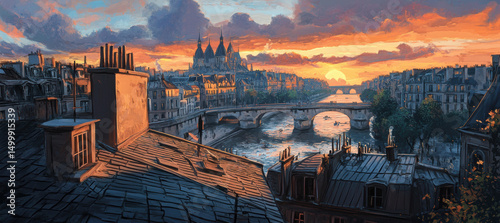 paris sunset cityscape river bridges digital