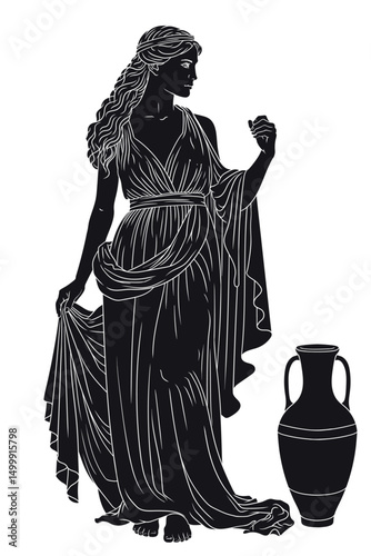 Ancient greek woman goddess in tunic with a jug for wine and water. Figure isolated on white background