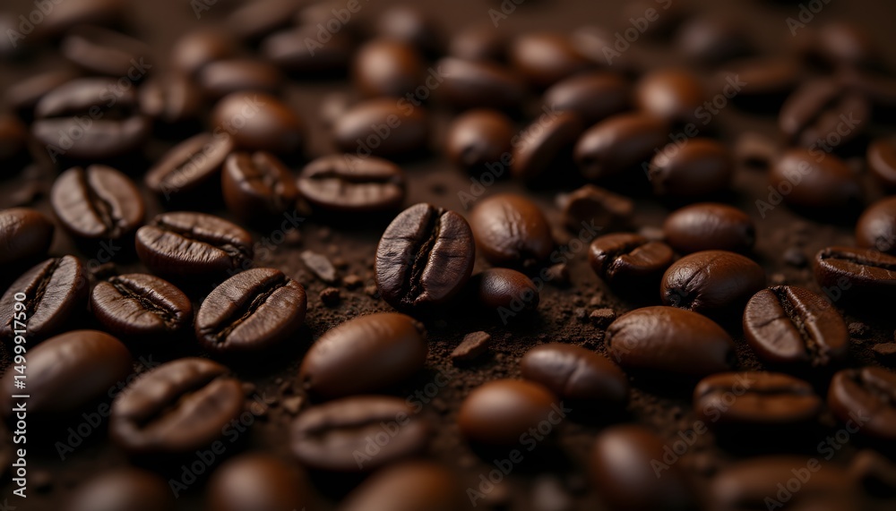 Naklejka premium A close up reveals a scattering of intensely dark brown coffee beans, exhibiting a complex, almost wrinkled surface texture indicative of a careful roasting process