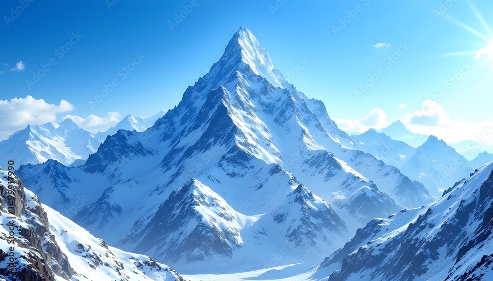 Obraz premium The colossal, snow capped peak gleams brilliantly under the azure sky, its icy facade reflecting the sun's rays in a dazzling display