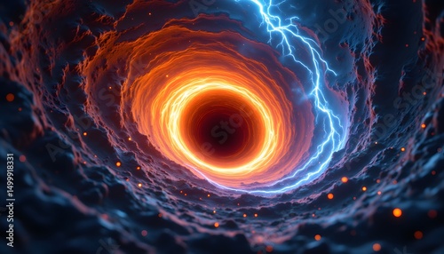 A swirling vortex of incandescent gases and superheated plasma dominates the scene, bending and distorting the fabric of space around it