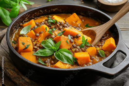 A wholesome sweet potato and lentil stew in a rustic cast-iron pot, with a wooden spoon.