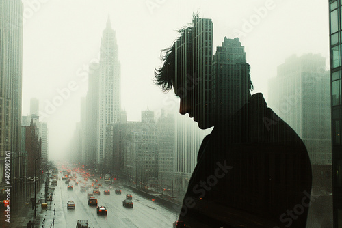 Double exposure captures city life blending with a contemplative figure against a foggy urban backdrop