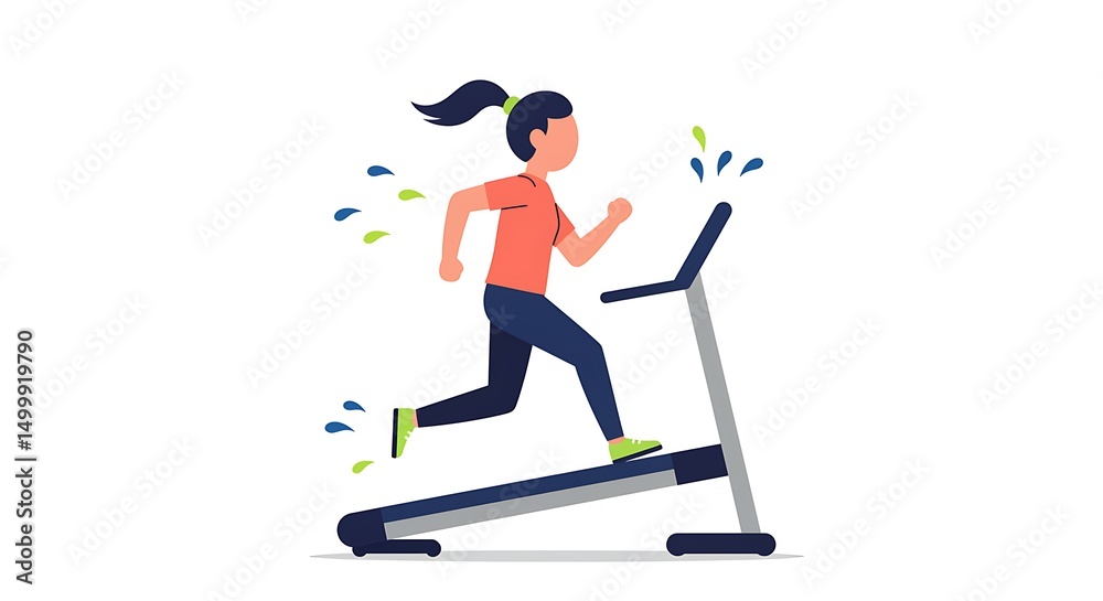 Obraz premium Woman running on treadmill with sweat droplets in minimalist vec