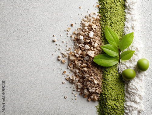 Granular hybrid cement blend closeup with green leaf and two green olives on textured white surface, natural and fresh