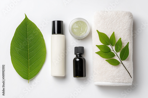 Clean and simple flat lay of skincare products including white bottle, black bottle, jar of cream, towel, and green leaves, creating fresh and natural aesthetic