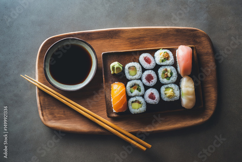 Fresh plate of sushi neatly arranged on wooden tray, featuring various rolls, sashimi, and dipping sauce, evokes sense of culinary delight and artistry
