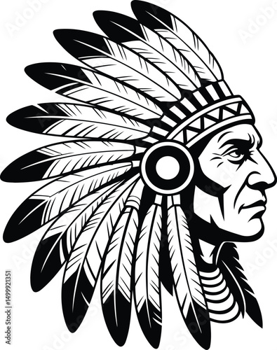 Native American Chief Profile with Feather Headdress Silhouette Vector.