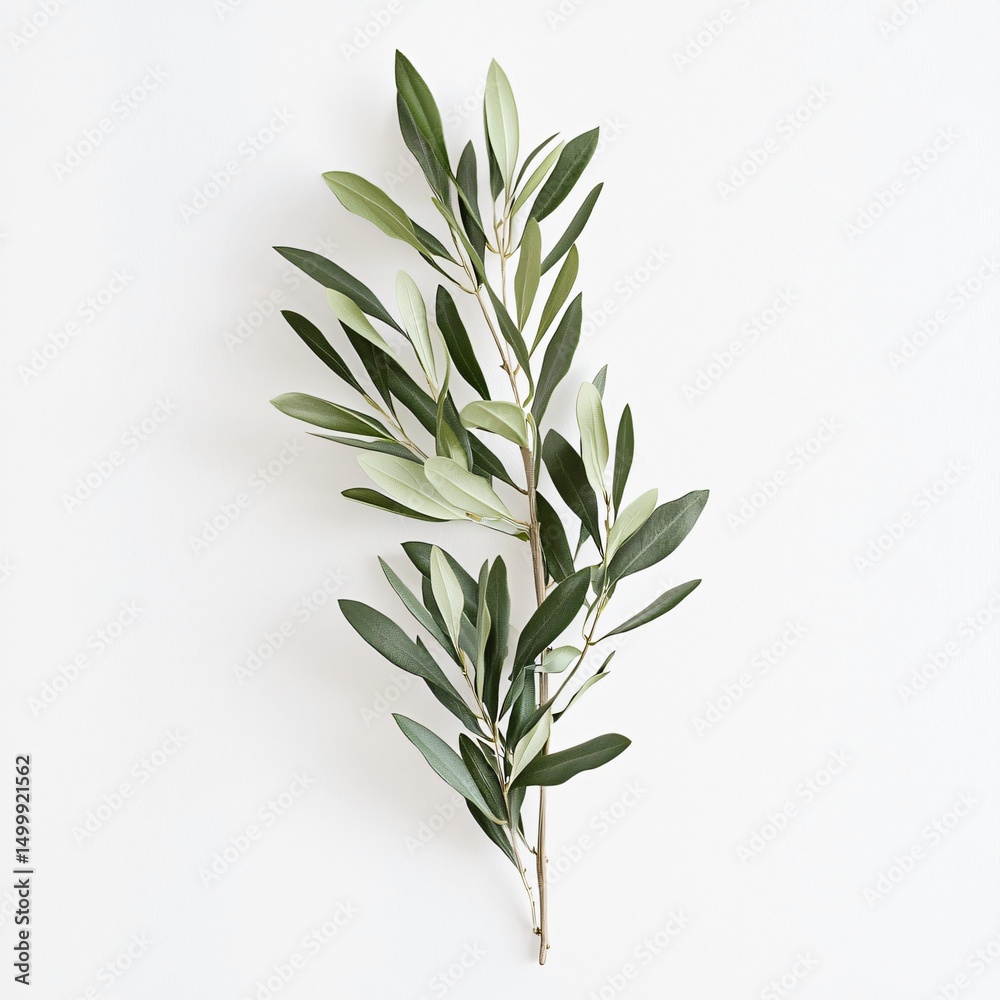 Fototapeta premium Elegant olive branch arrangement on white background nature photography minimalistic composition freshness and peace close-up view symbol of harmony