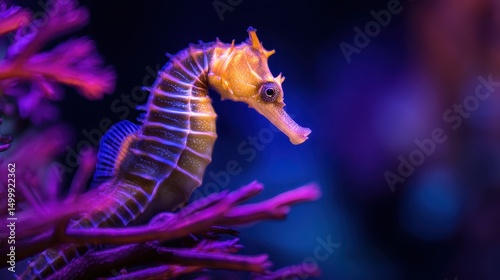 A vibrant seahorse gracefully swims among colorful coral in a serene underwater habitat photo