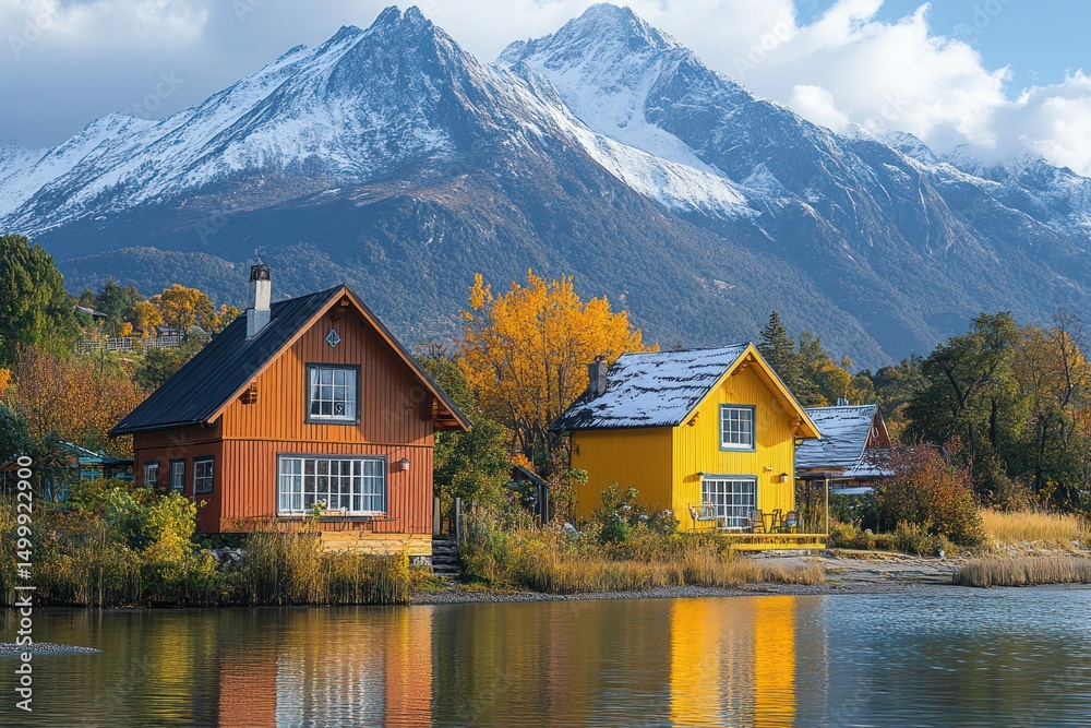 Fototapeta premium Brightly Painted Cabins on the Shore with Snowy Peaks in the Background