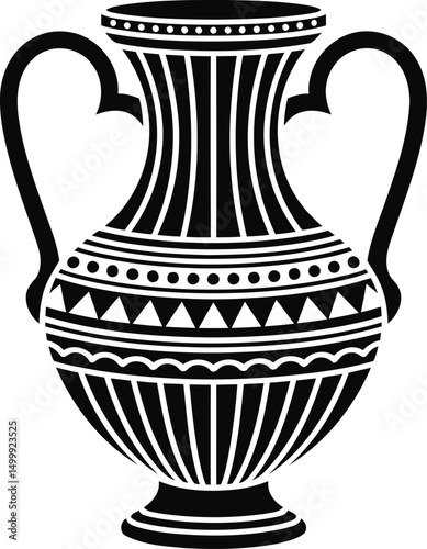 Decorative ancient Greek-style vase silhouette with intricate geometric patterns and handles, black and white vector illustration.