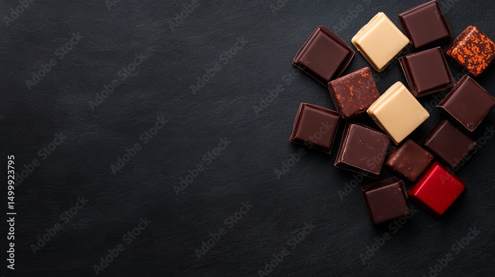 Fototapeta premium Assorted square chocolates are scattered on a dark, textured background, creating a visually appealing composition.