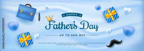 Happy Fathers Day Promotion Banner with Gifts and Decorations on Blue Background