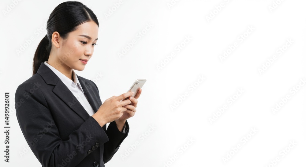 Businesswoman engaged with smartphone in professional attire on isolated background Businesswoman engaged with smartphone in professional attire on isolated background