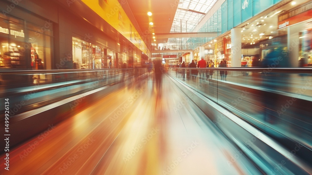 Fototapeta premium A bustling shopping mall scene captured in motion, showcasing vibrant colors and busy foot traffic, evoking a sense of energy and urban life in modern retail spaces.