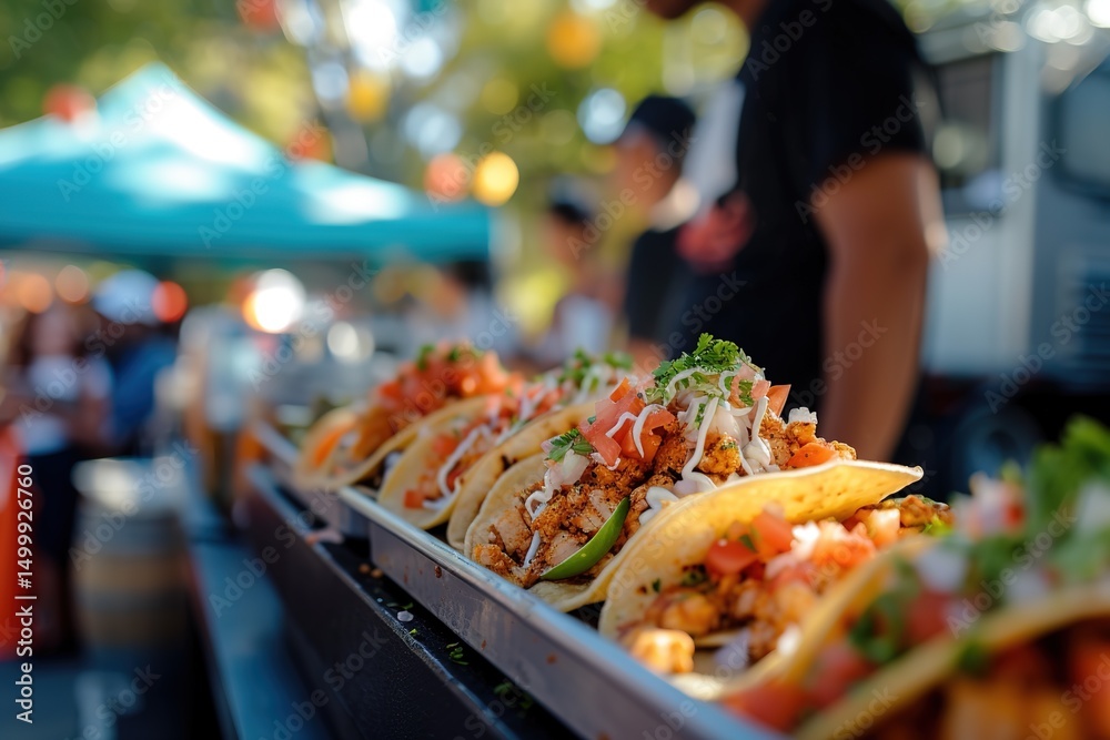 Fototapeta premium A table full of tacos with a man standing behind it
