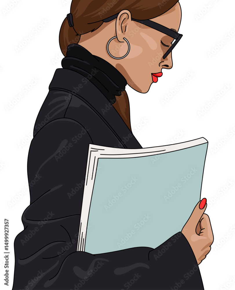 Woman Carrying a Blank Magazine with Light Blue Cover