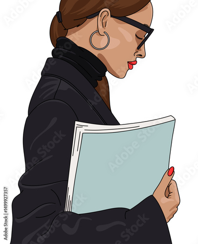 Woman Carrying a Blank Magazine with Light Blue Cover