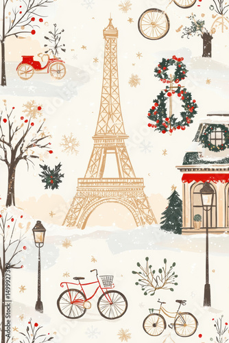 paris illustration winter scene eiffel snowflakes
