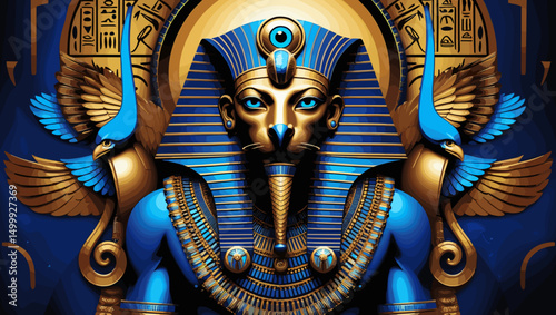 Stylized ancient Egyptian deity with lioness features and intricate details in a lavish design with copy space