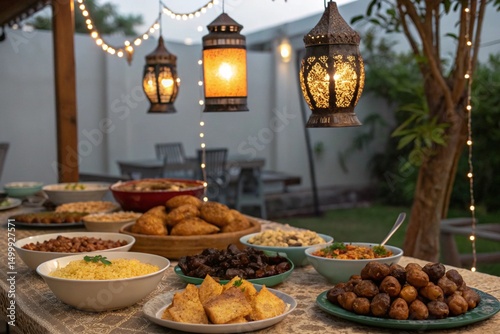 ramadan ifter meal and ambience lighting in a fastival environment photo
