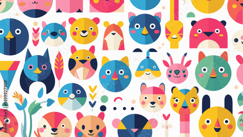 Colorful geometric animal faces in a playful pattern with copy space