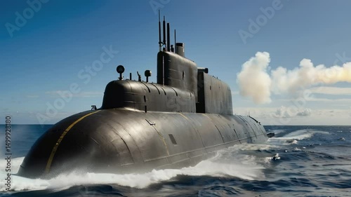 Nuclear submarine launching missile from ocean surface