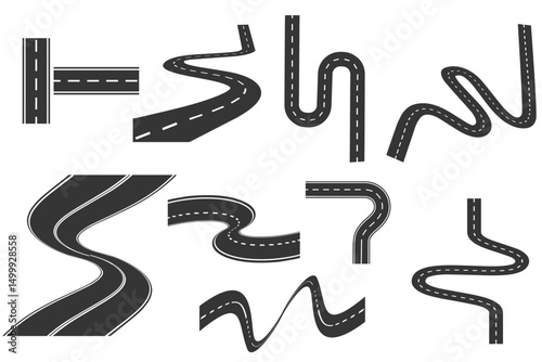 Winding curves and straight roads set. Isolated on transparent background. Winding or twisting road from top view. Bending roads and highways collection . Vector illustration