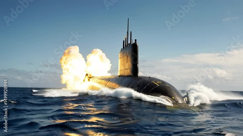 Modern submarine launching nuclear missile from ocean surface