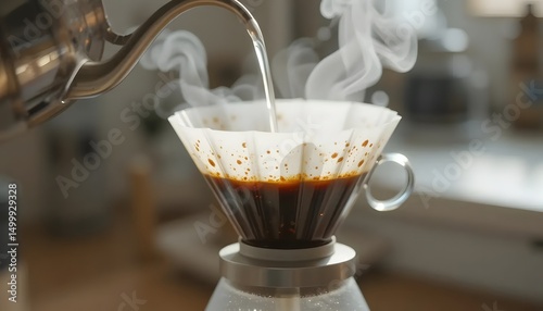 Pour-over coffee brewing in progress, hot water streaming through filter, close-up, with steam and subtle reflections, modern minimal kitchen setup