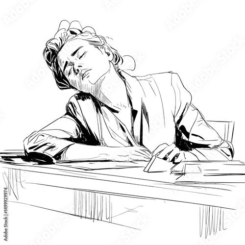vector drawing of a girl sleeping at work .Generative AI