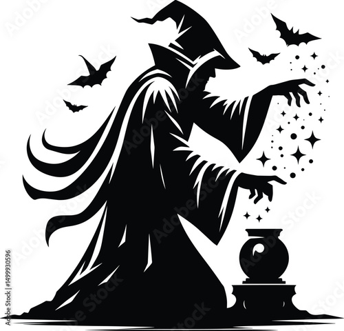 Mysterious wizard doing magic silhouette Vector Illustration isolated on a white background