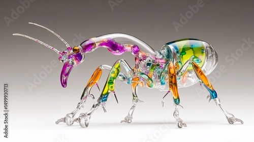 A vibrant, multicolored glass sculpture of an ant, meticulously detailed with translucent and opaque glass sections, showcasing intricate leg and body structures