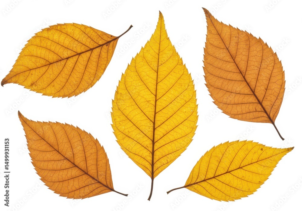 Fototapeta premium Five dried autumn leaves isolated on white background