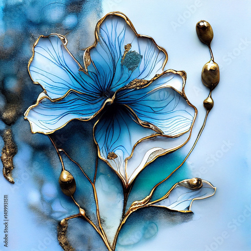 Abstract flower, delicate botanical floral background, in blue tones with gold
