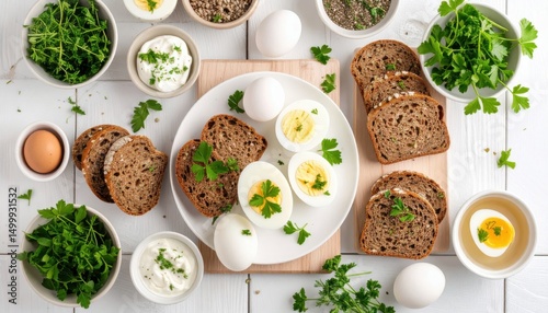 Healthy breakfast spread with eggs and bread kitchen table setting food photography natural light culinary inspiration