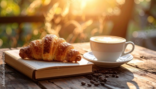 Enjoying coffee and croissant on a rustic table sunrise outdoors food photography calm environment natural light