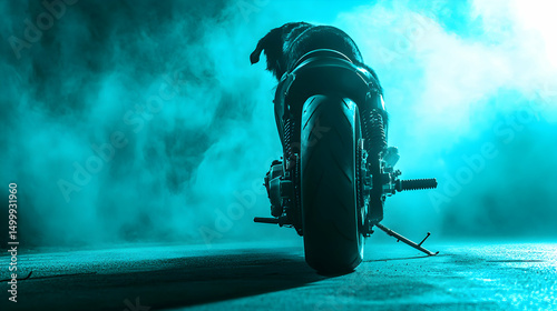 Dramatic dog ride on a customized motorcycle, captured in atmospheric blue fog