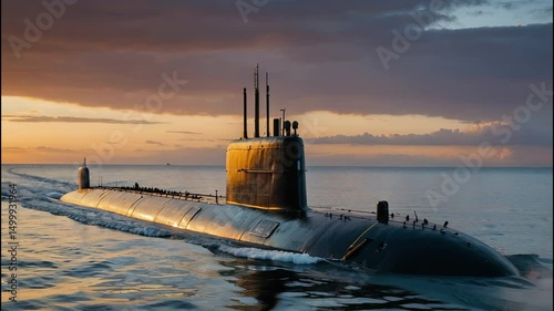 Black submarine cruising on the surface at sunset