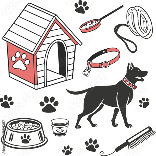 Vector illustration set of farm animals and house pets with food symbols