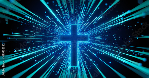 Cross with lights and particles on blue. Easter, resurrection, new life, church background