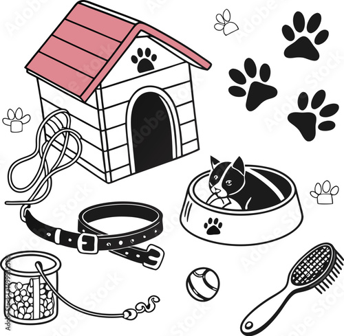 Cartoon vector illustration of a charming family house icon with a dog and Christmas decorations, perfect for real estate and home design