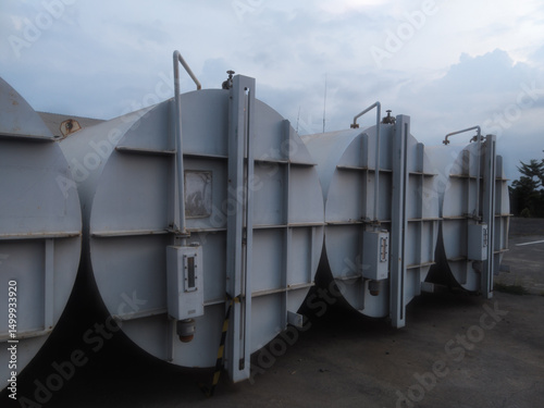 solar tank with water filter filled with silica gel, already abadoned, old, in open warehouse