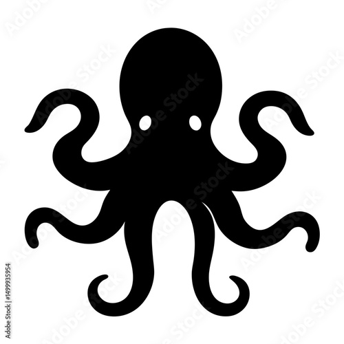 Simple black octopus illustration with curly tentacles on a white background