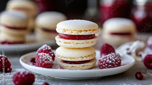 paris dessert plate raspberries sugar macarons
