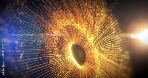 Abstract eye in space with golden light particles on blue background. I made this video with 3d program, using its 3d animation features.