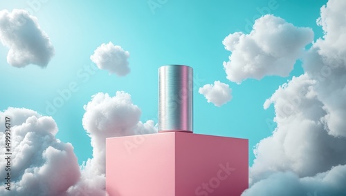 Pink cube pedestal with silver cylinder, floating clouds