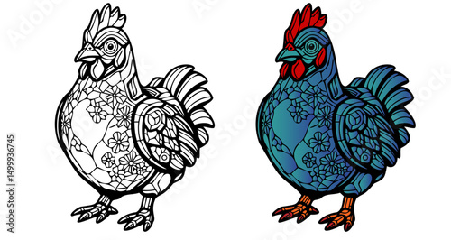 Two different colored chickens, one black and one blue. The black chicken is standing on the left side of the image, while the blue chicken is on the right side. The blue chicken has a more intricate