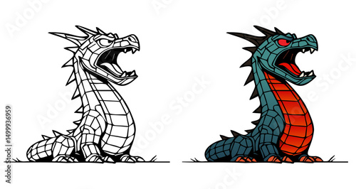 The two different colored dragons are shown with one being white and the other being blue. The white dragon has a menacing look with its mouth open and sharp teeth